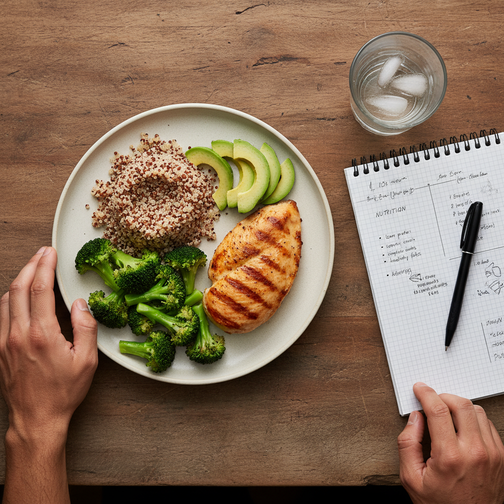 A person performing a heavy squat, a key compound exercise for body recomposition.