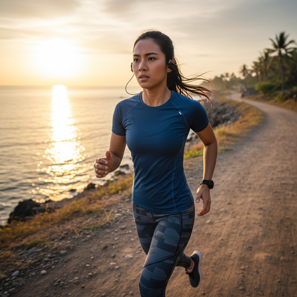 A man using wireless earbuds during his workout session.