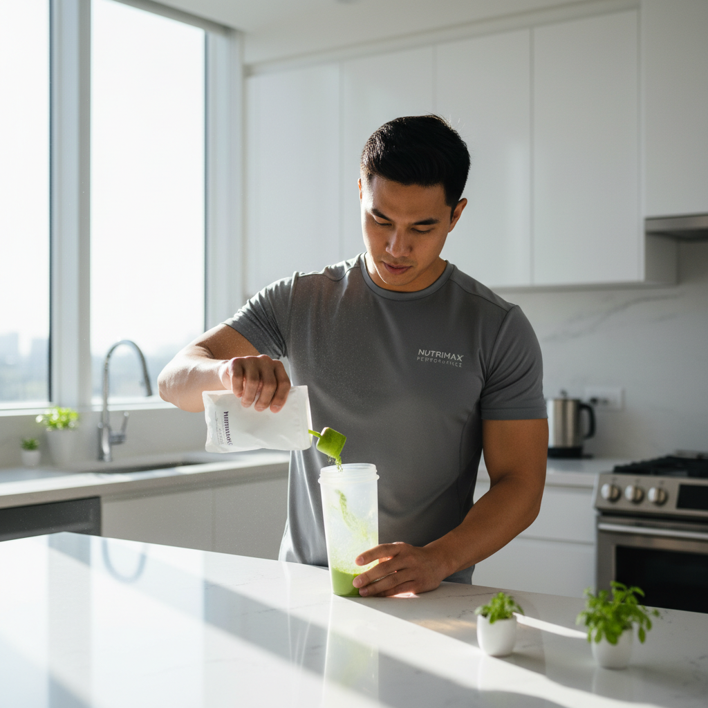 A scoop of protein powder being prepared as a fitness gift.