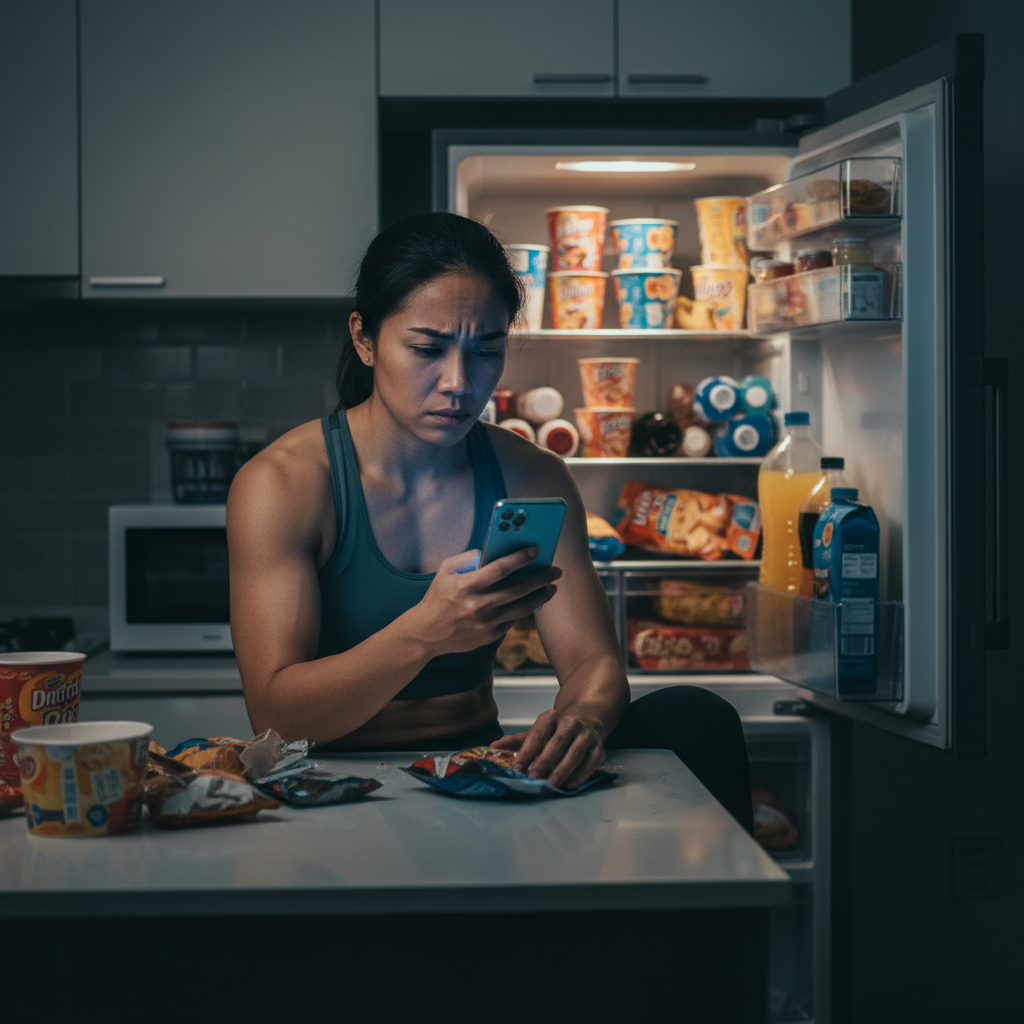A person reading the long ingredient list on a packaged food product in a supermarket.