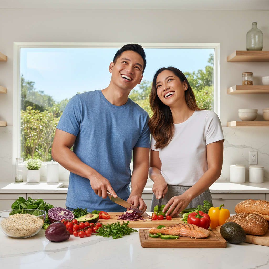 Fresh vegetables, fruits, and lean proteins arranged neatly on a kitchen counter, representing a healthy diet.