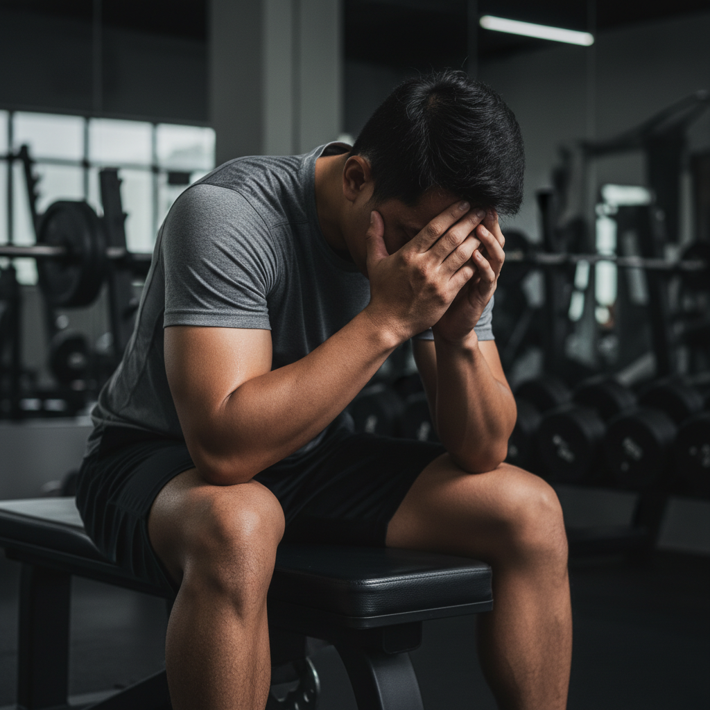 A person feeling exhausted, illustrating overtraining symptoms.