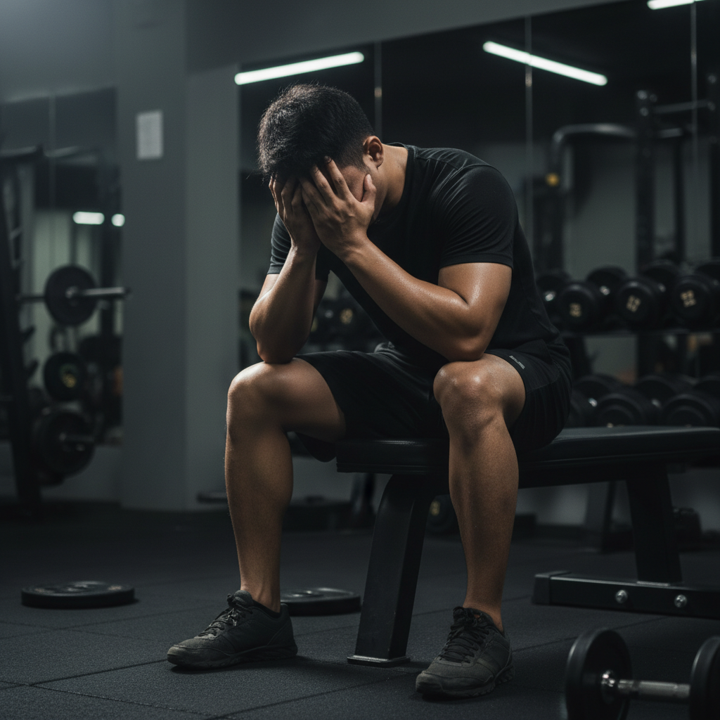 A tired person struggling during a workout due to the effects of sleep deprivation on fitness.