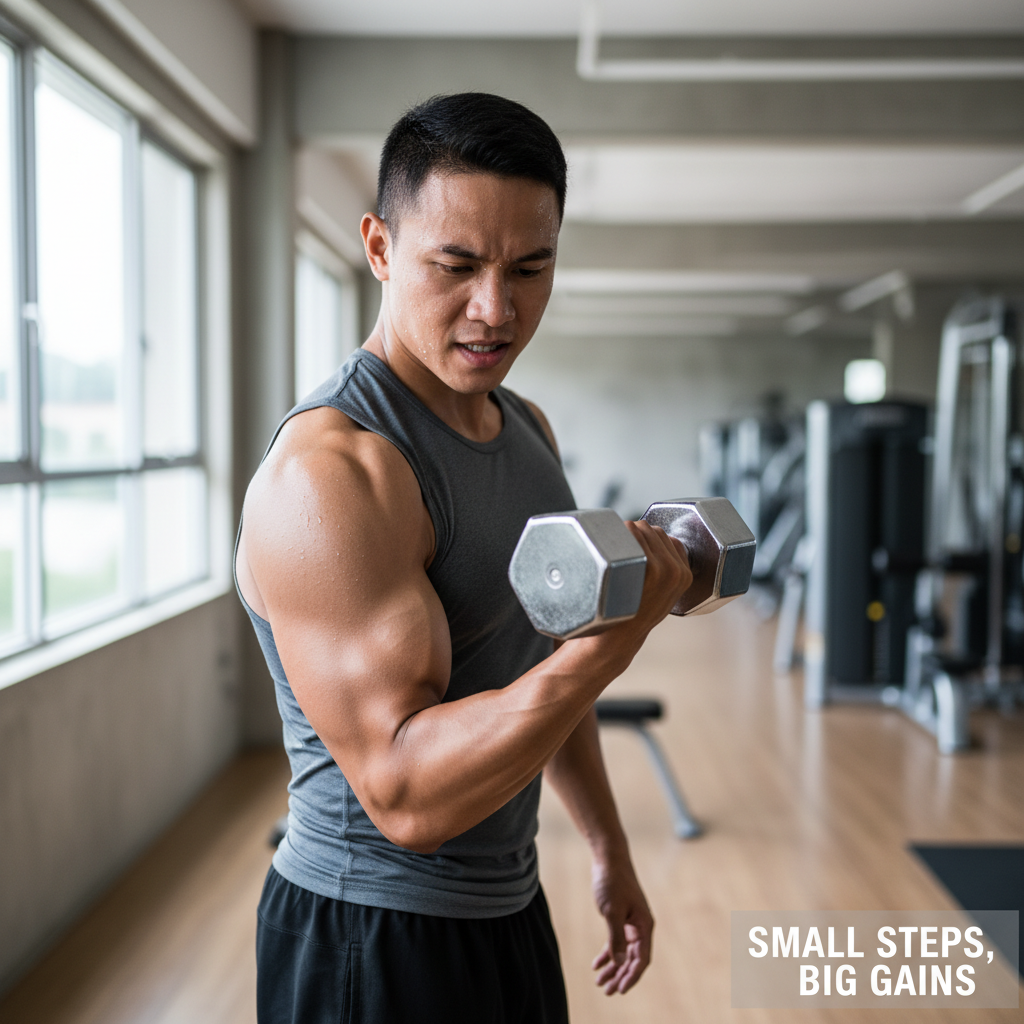A beginner doing a simple bodyweight squat at home, focusing on form.