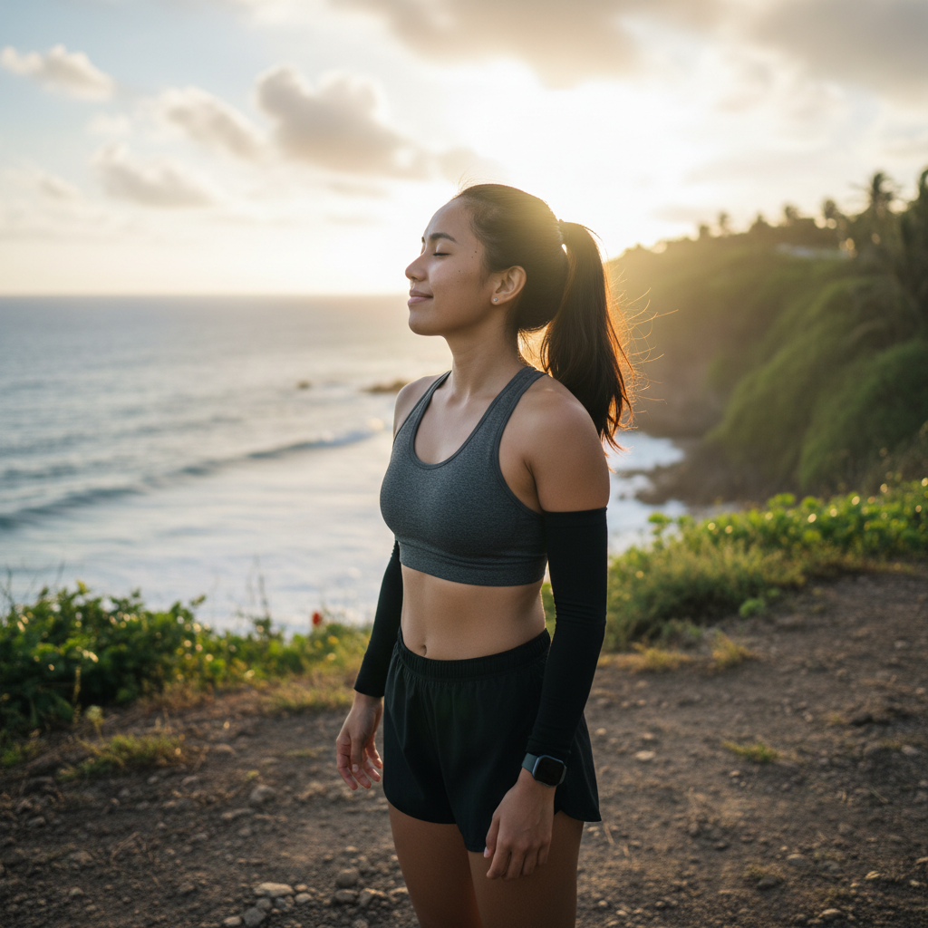 Filipino professional finding mental clarity through a home workout.